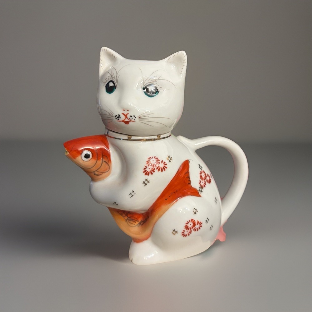 Vintage China Porcelain Cat Koi Goldfish Ceramic Tea Creamer 5" Cream Pitcher
